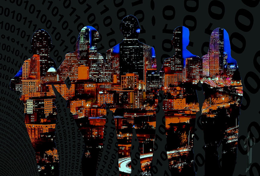 Digital Business Team Silhouettes Filled With Cityscape And Binary Code