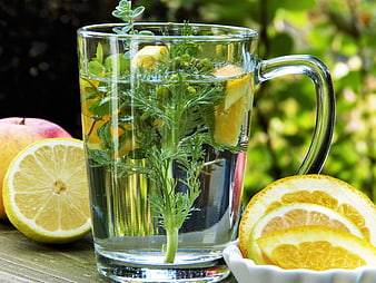 Glass mug of herbal tea with lemon, orange, and fresh herbs on a wooden table
