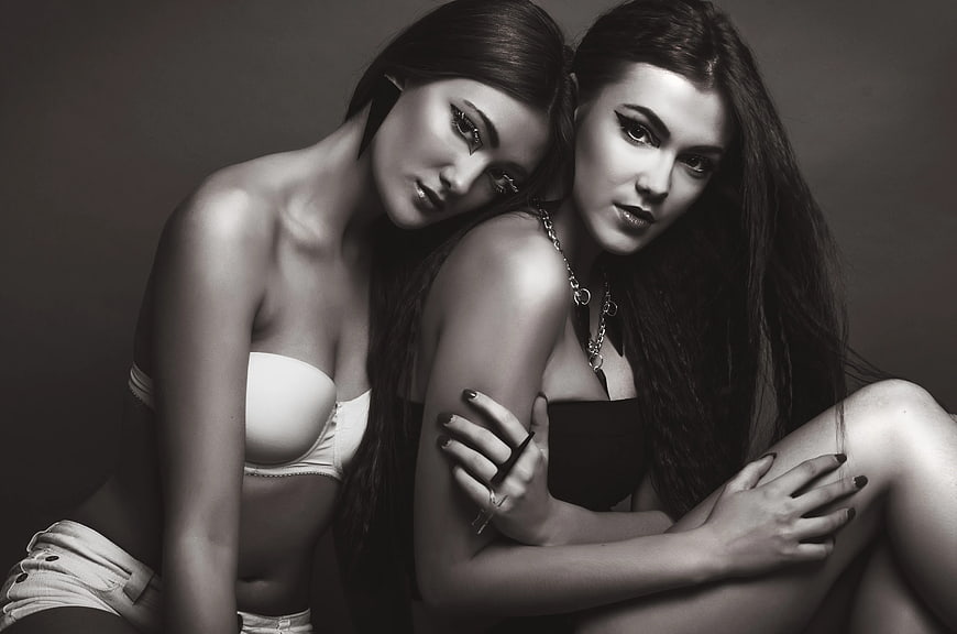Two Women in Black and White Lingerie Studio Portrait