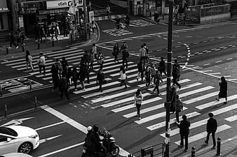 High angle black and white street photography of busy crosswalk