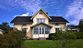 Yellow Scandinavian Wooden House With Porch And Garden