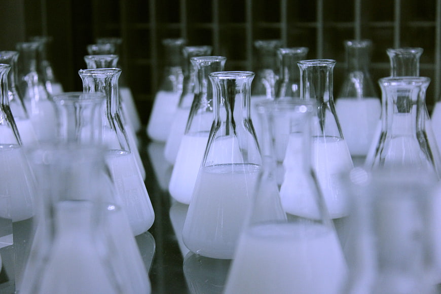 Rows of Erlenmeyer Flasks with White Liquid in Laboratory