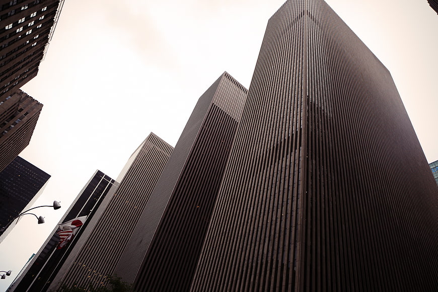 Low angle view of towering skyscrapers in New York City