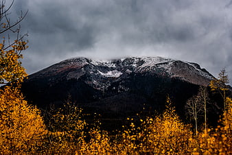 Snow-Capped Mountain Peak with Golden Autumn Aspen Forest