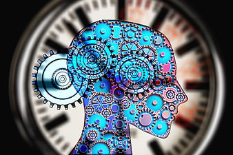 Blue Gears Inside Human Head Silhouette With Clock Background