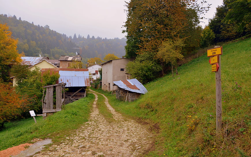 Rural Italian Trail in Autumn with Hiking Sign