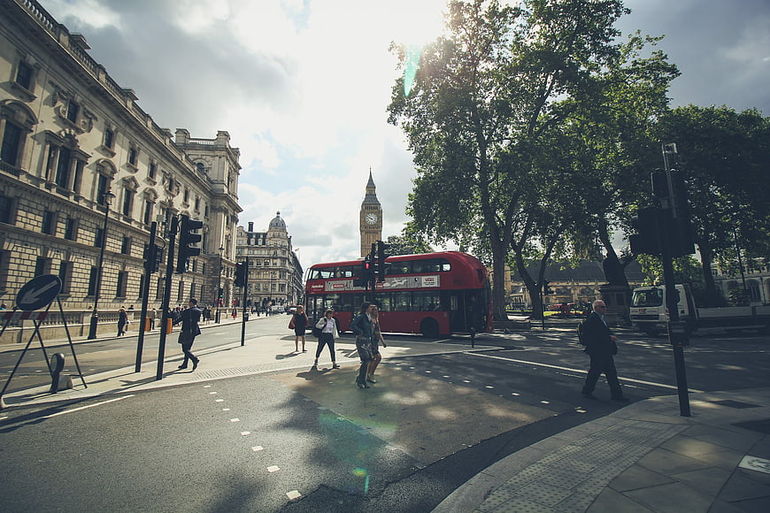 London street scene with red double-decker bus and Big Ben
