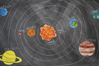 Hand-drawn Solar System on Blackboard with German Labels