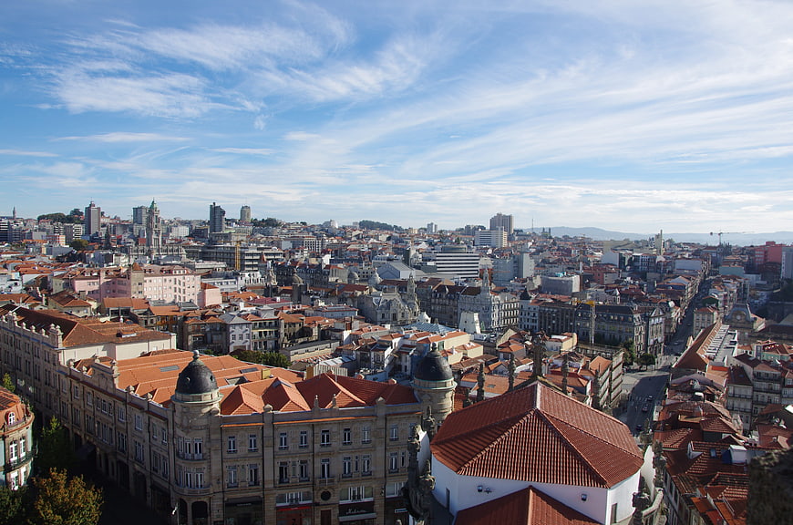 Aerial View of Porto Cityscape with Red Roofs and Blue Sky