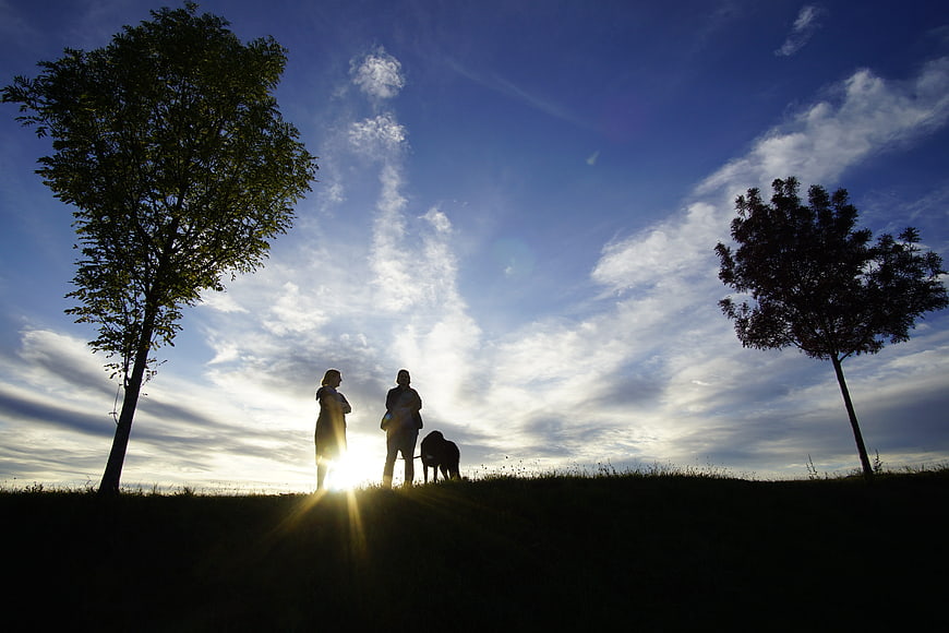 Silhouette of Two People and Dog on Hill at Sunset