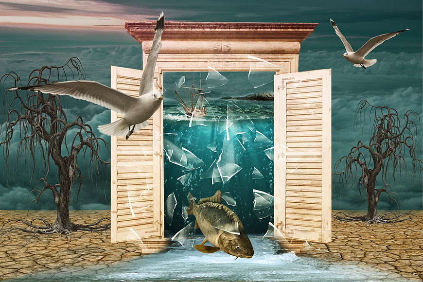 Surreal digital art of a window opening to the ocean with a fish jumping out