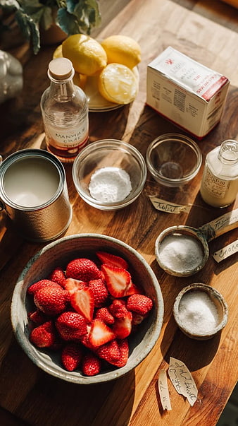 Fresh Strawberries and Lemons for Baking on Wooden Table