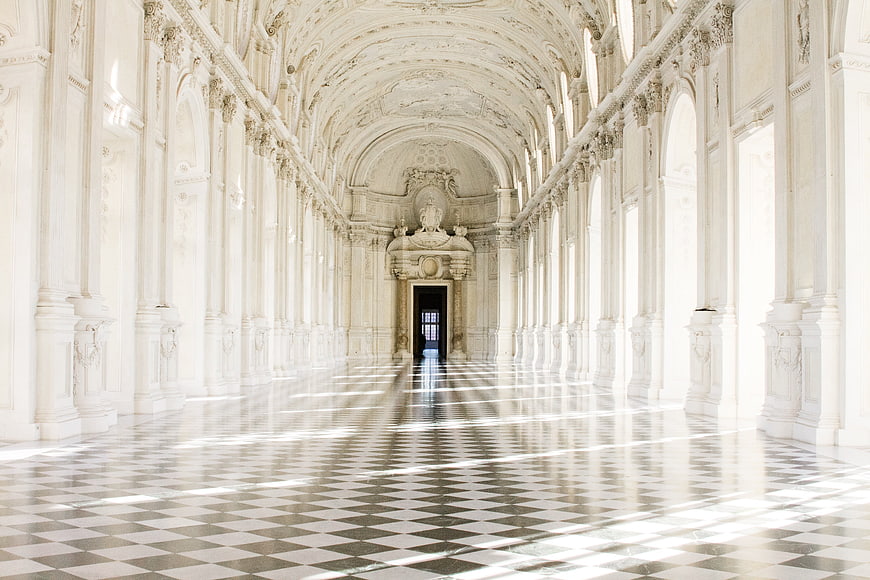 Grand Baroque Hall with Checkered Floor and Arched Ceiling