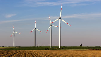 Wind turbines in a green field with blue sky