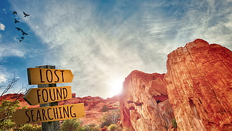 Desert signpost with lost found searching text and red rocks