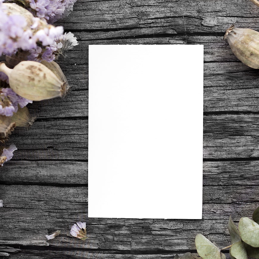 Blank white card on rustic wood with dried flowers