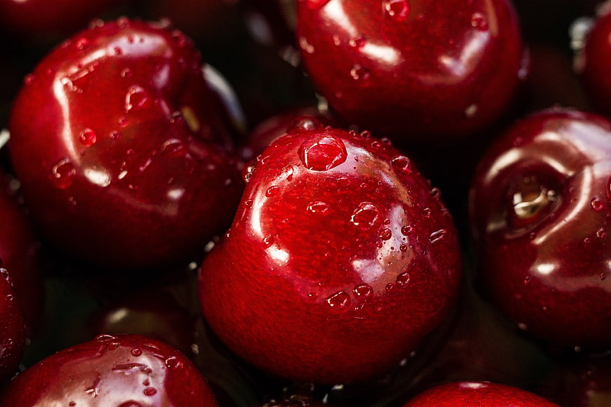 Close-up of fresh red cherries with water droplets