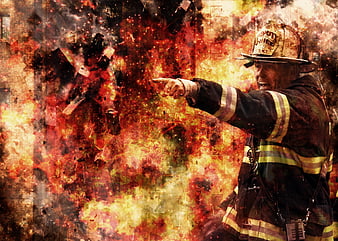 Firefighter Pointing Amidst Intense Flames and Debris
