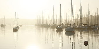 Sailboats in misty harbor at sunrise with calm water reflections