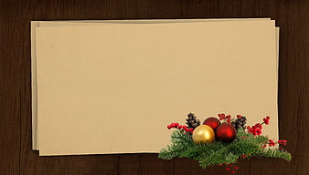 Christmas Card Template With Pine, Berries, And Ornaments On Wood