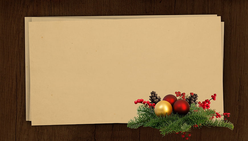 Christmas Card Template With Pine, Berries, And Ornaments On Wood