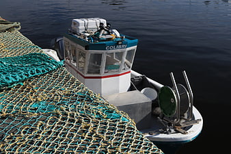 Fishing boat named Colibri docked with nets