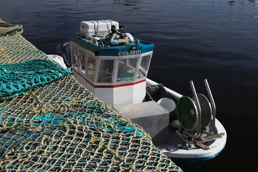 Fishing boat named Colibri docked with nets