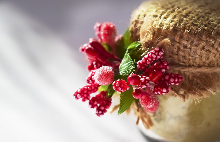 Close-up of red berries and burlap texture on a jar