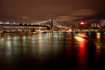 Brooklyn Bridge Night Skyline with City Lights Reflection