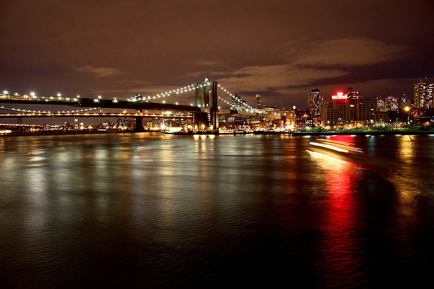 Brooklyn Bridge Night Skyline with City Lights Reflection