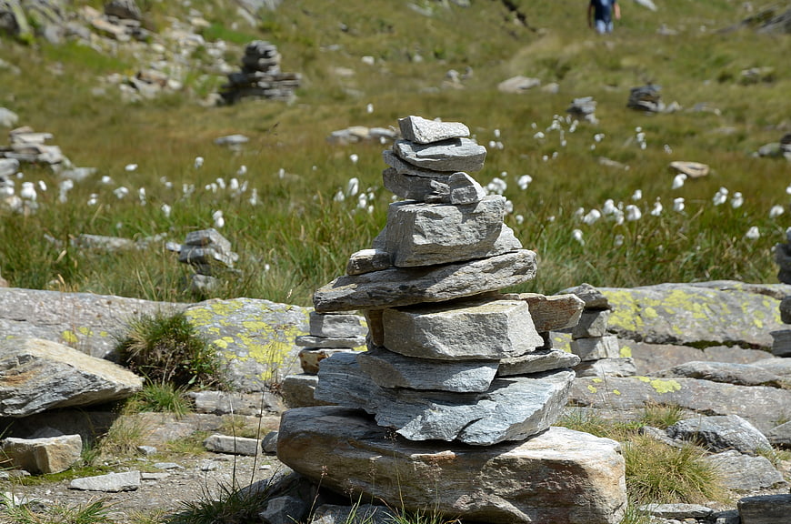 Stacked stone cairn on grassy mountain slope with wildflowers