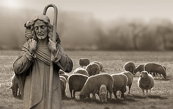 Sepia Statue of Jesus as Shepherd with Flock of Sheep