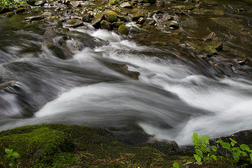 Long Exposure Flowing Mountain Stream with Mossy Rocks