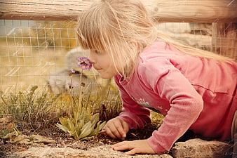 Young Girl Smelling Purple Wildflower In Garden