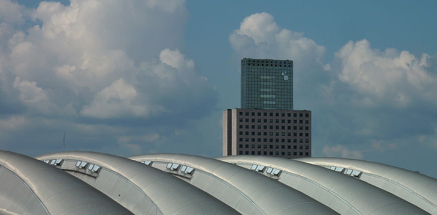 Modern Frankfurt Architecture with Curved Roof and Skyscraper