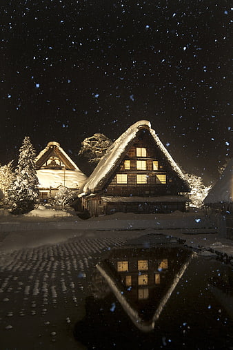 Snowy Night at Shirakawa-go with Reflections