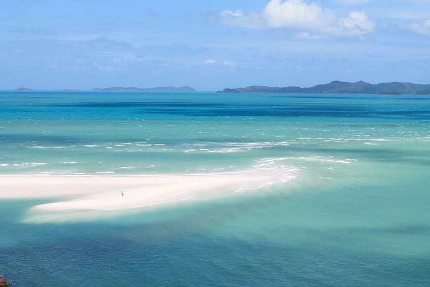 Aerial view of white sandbar in turquoise tropical ocean