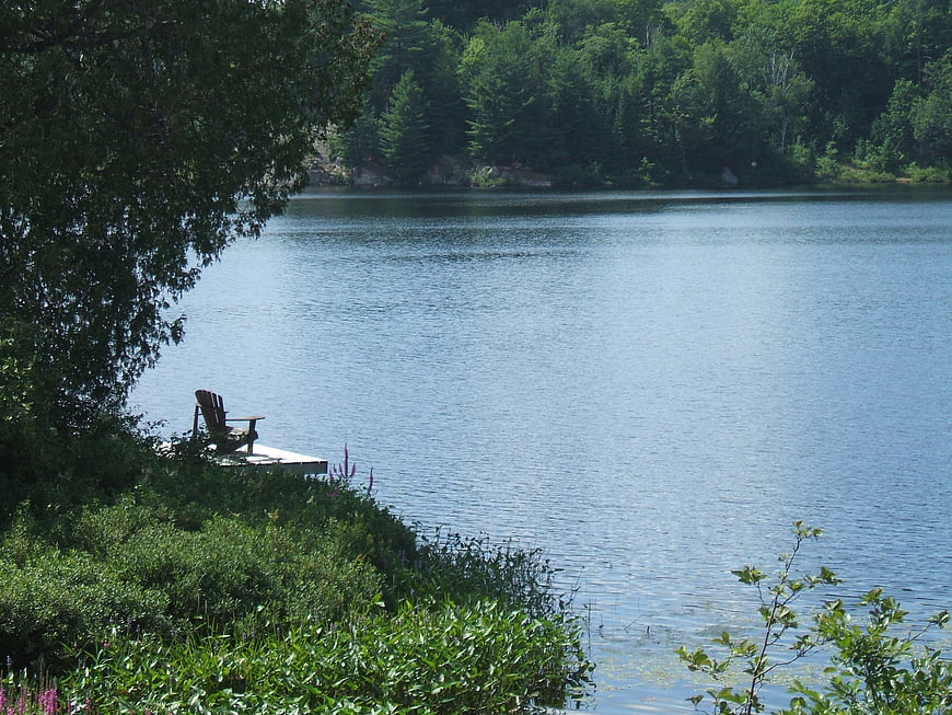 Lone wooden chair on dock by serene lake