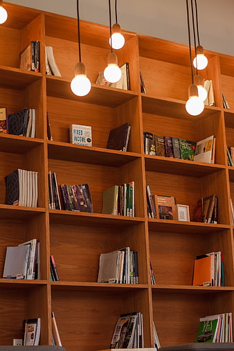 Modern Wooden Bookshelf with Hanging Pendant Lights