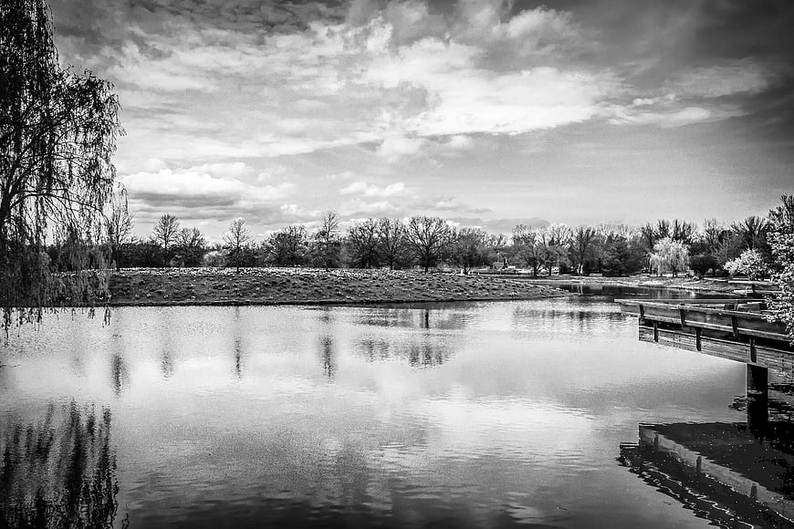Serene Black and White Lake Landscape with Reflections