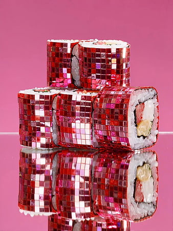 Creative Red Mosaic Sushi Rolls on Pink Background