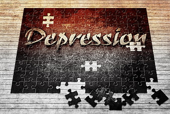 Depression Concept with Missing Puzzle Pieces on Wood