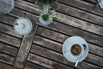 Top view of espresso coffee on rustic wooden table