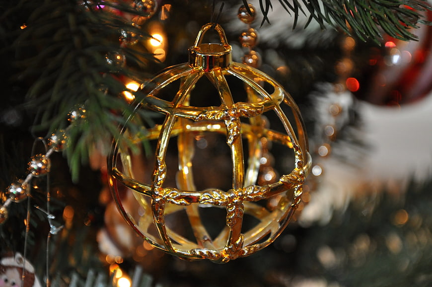 Gold Cage Christmas Ornament on Pine Tree
