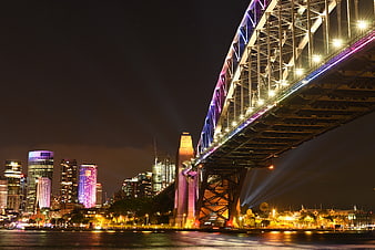 Night view of Sydney Harbour Bridge and city skyline
