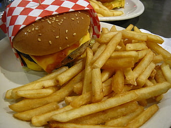 Cheeseburger and French Fries on White Plate