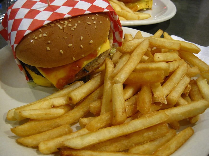 Cheeseburger and French Fries on White Plate