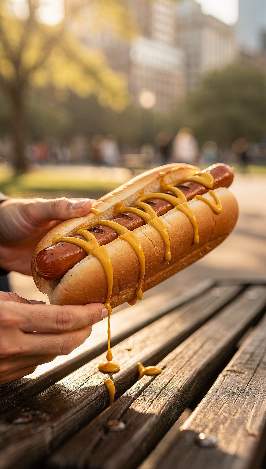 Close-up of Grilled Hot Dog with Mustard on Park Bench