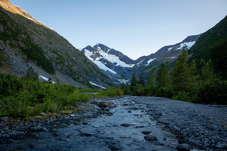 Scenic Glacier Valley with Rocky Stream and Snow-Capped Mountains