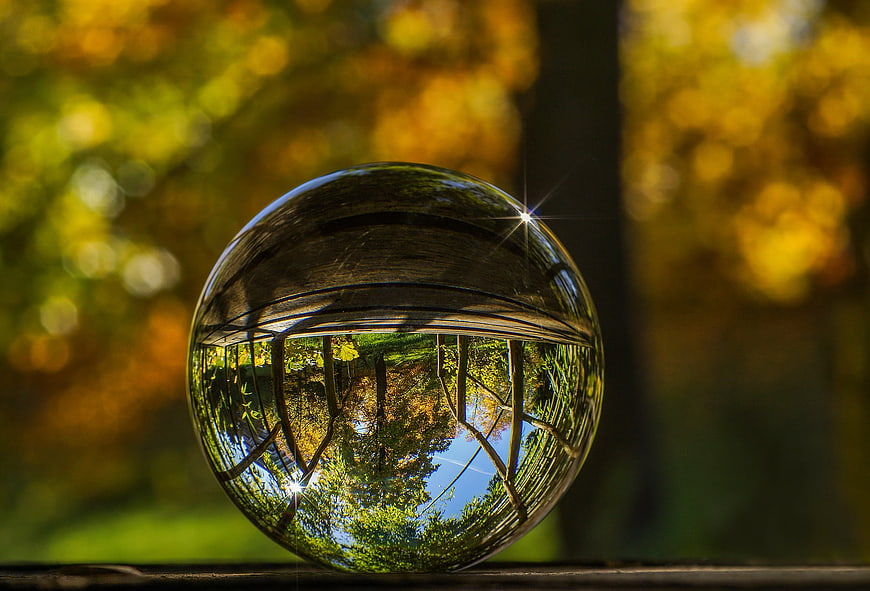 Crystal ball reflecting autumn forest and bamboo bridge